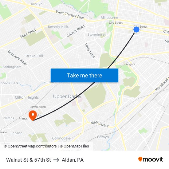 Walnut St & 57th St to Aldan, PA map