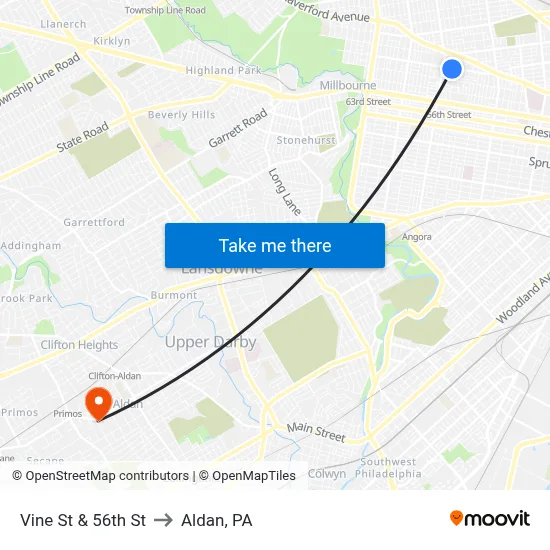 Vine St & 56th St to Aldan, PA map