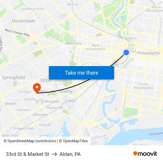 33rd St & Market St to Aldan, PA map