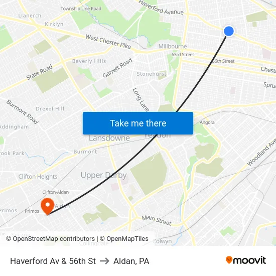 Haverford Av & 56th St to Aldan, PA map