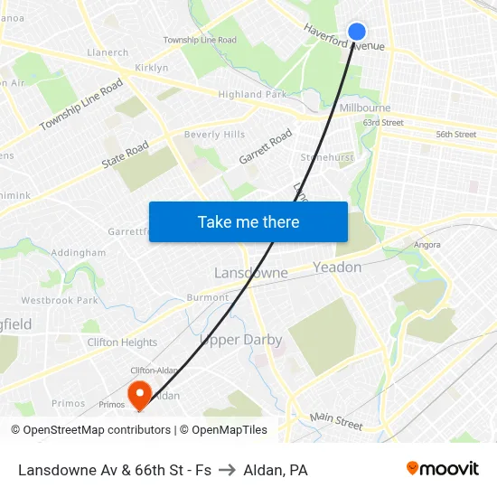 Lansdowne Av & 66th St - Fs to Aldan, PA map