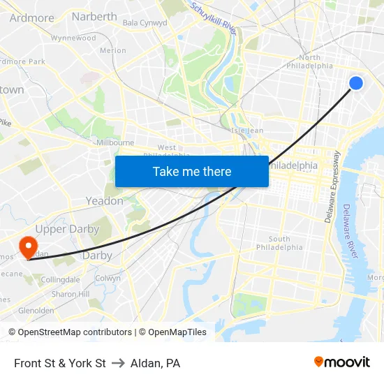Front St & York St to Aldan, PA map