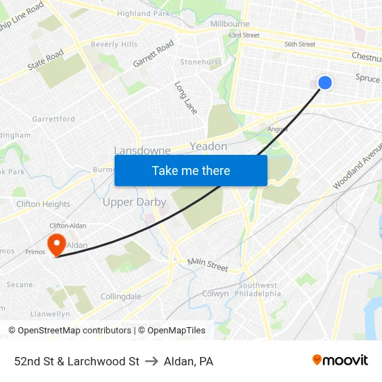 52nd St & Larchwood St to Aldan, PA map