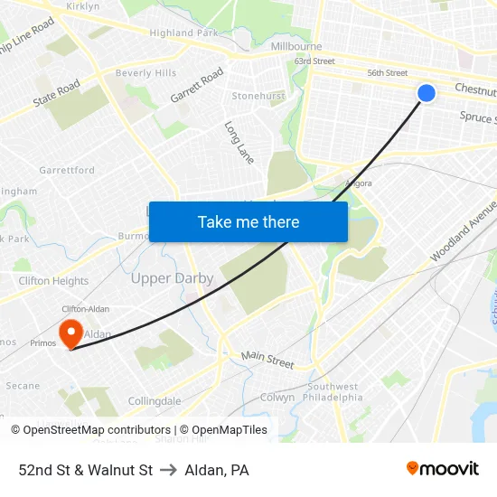 52nd St & Walnut St to Aldan, PA map