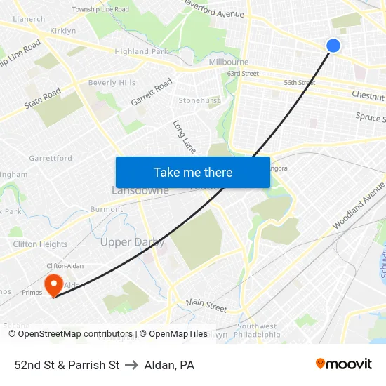 52nd St & Parrish St to Aldan, PA map