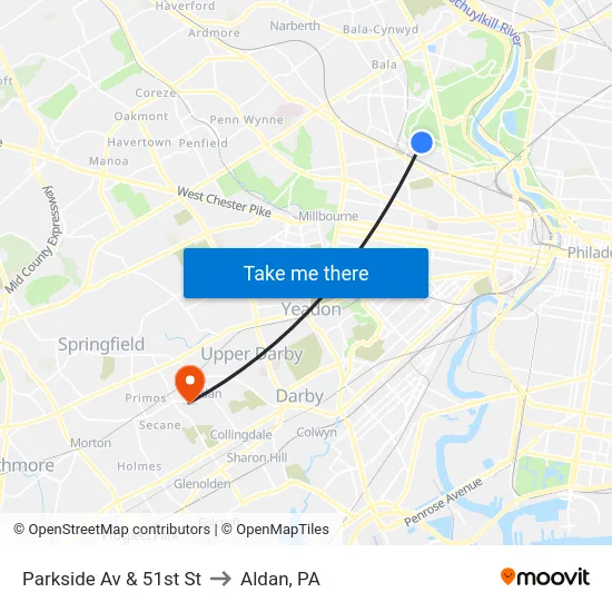 Parkside Av & 51st St to Aldan, PA map