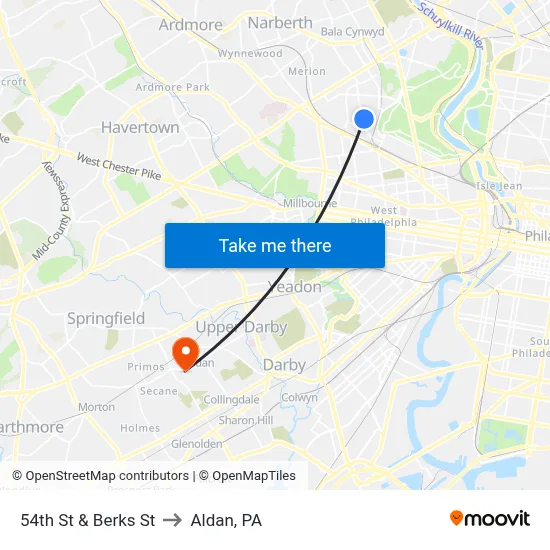 54th St & Berks St to Aldan, PA map
