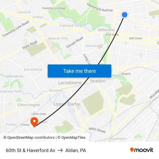 60th St & Haverford Av to Aldan, PA map