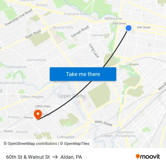 60th St & Walnut St to Aldan, PA map