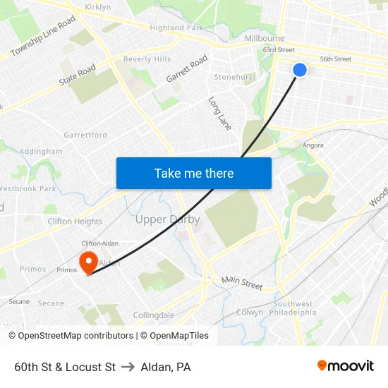 60th St & Locust St to Aldan, PA map