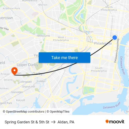 Spring Garden St & 5th St to Aldan, PA map
