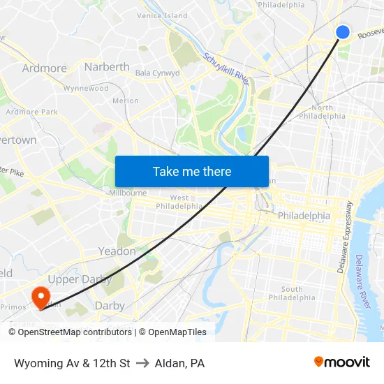 Wyoming Av & 12th St to Aldan, PA map