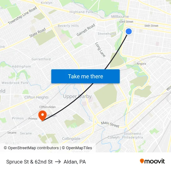 Spruce St & 62nd St to Aldan, PA map