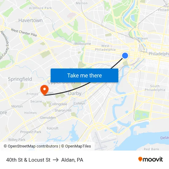 40th St & Locust St to Aldan, PA map