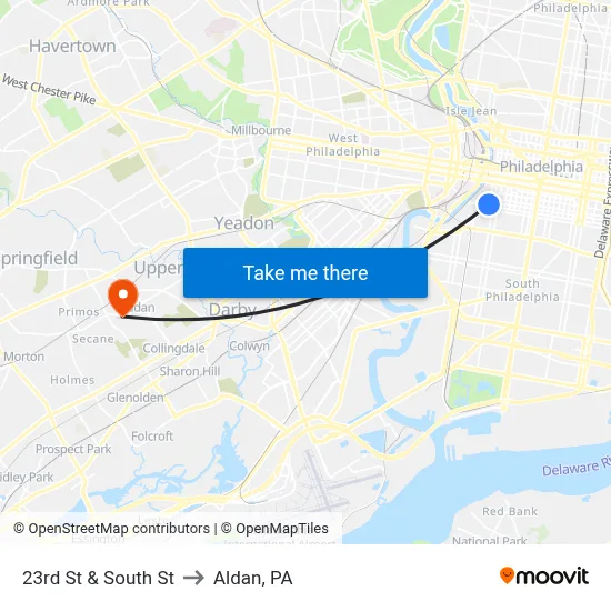 23rd St & South St to Aldan, PA map