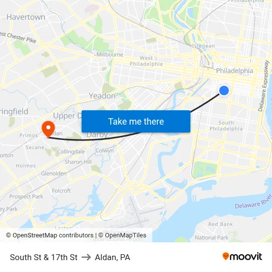 South St & 17th St to Aldan, PA map