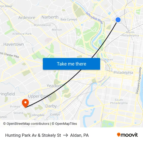 Hunting Park Av & Stokely St to Aldan, PA map
