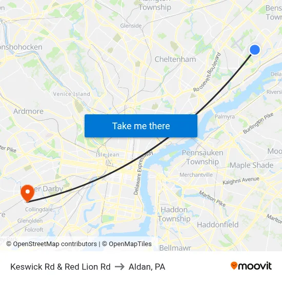 Keswick Rd & Red Lion Rd to Aldan, PA map