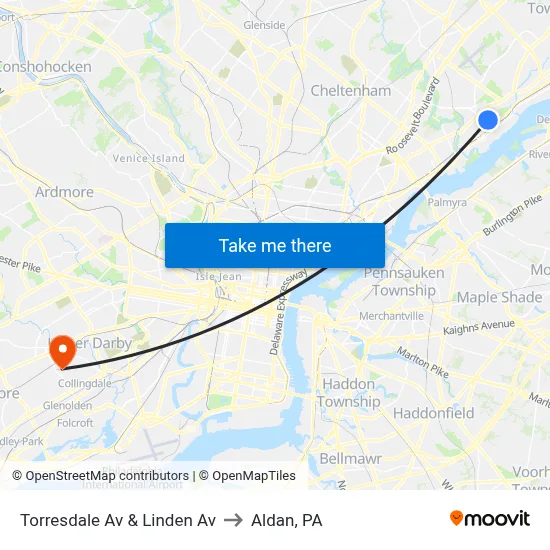 Torresdale Av & Linden Av to Aldan, PA map
