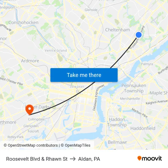 Roosevelt Blvd & Rhawn St to Aldan, PA map