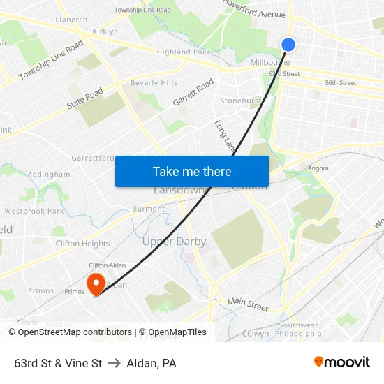 63rd St & Vine St to Aldan, PA map