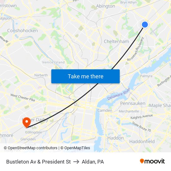 Bustleton Av & President St to Aldan, PA map