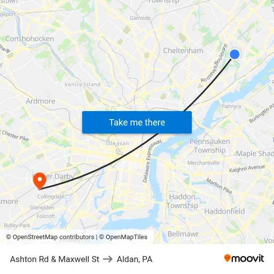 Ashton Rd & Maxwell St to Aldan, PA map