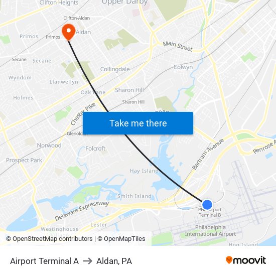 Airport Terminal A to Aldan, PA map