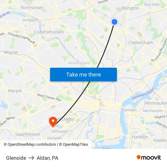 Glenside to Aldan, PA map