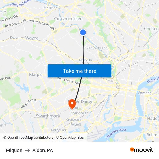 Miquon to Aldan, PA map