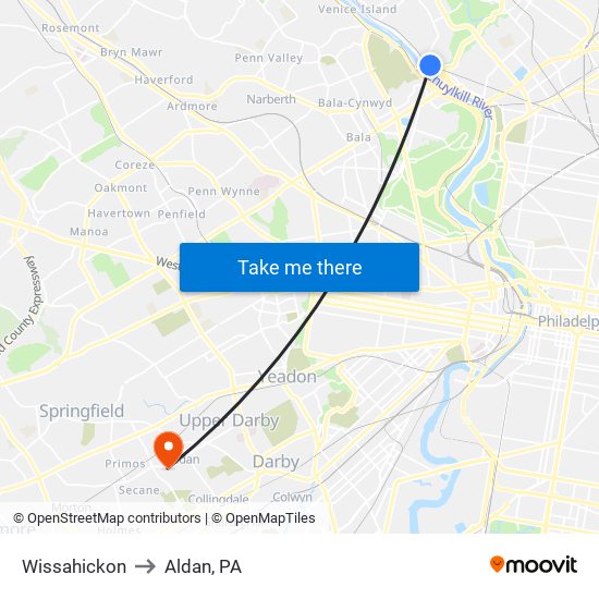 Wissahickon to Aldan, PA map