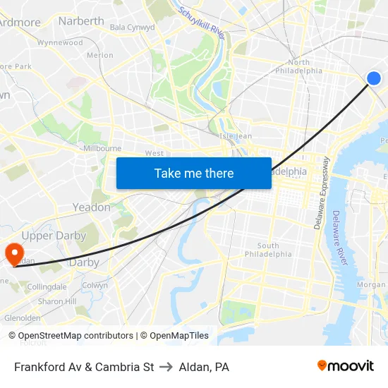 Frankford Av & Cambria St to Aldan, PA map