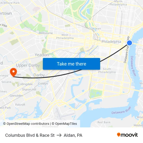 Columbus Blvd & Race St to Aldan, PA map