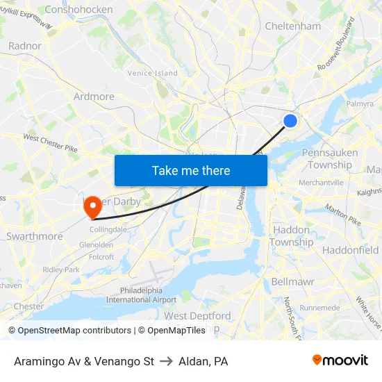 Aramingo Av & Venango St to Aldan, PA map