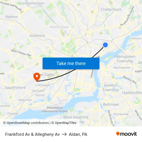 Frankford Av & Allegheny Av to Aldan, PA map