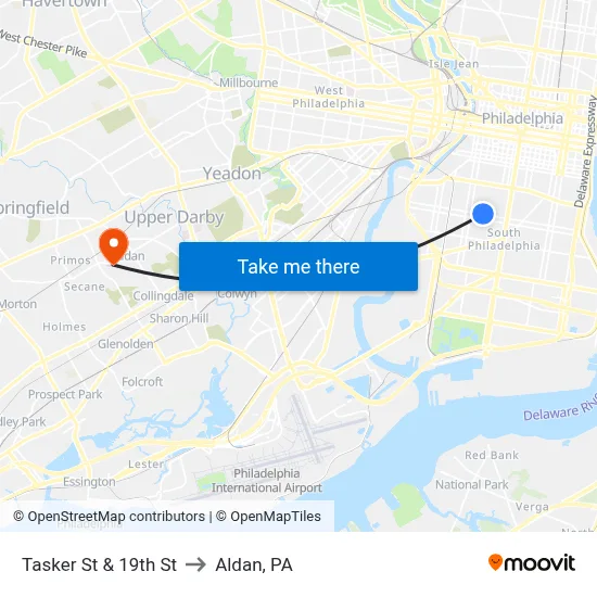 Tasker St & 19th St to Aldan, PA map