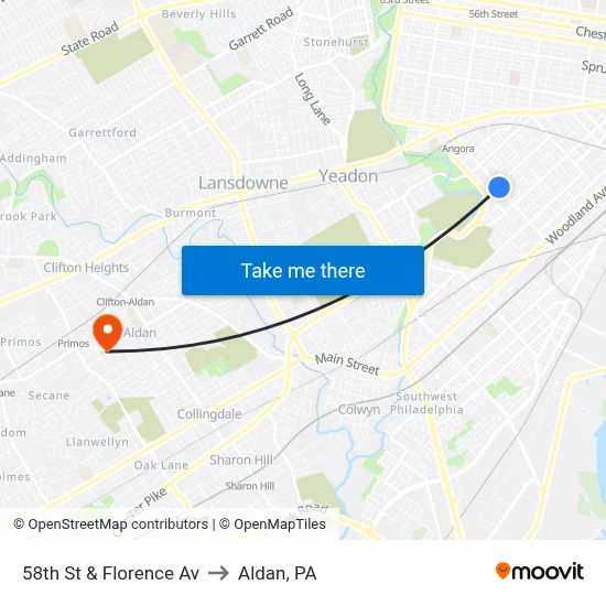 58th St & Florence Av to Aldan, PA map