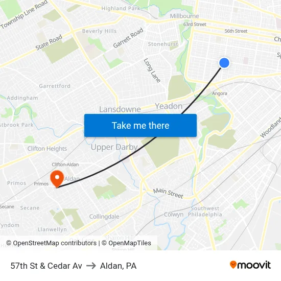 57th St & Cedar Av to Aldan, PA map