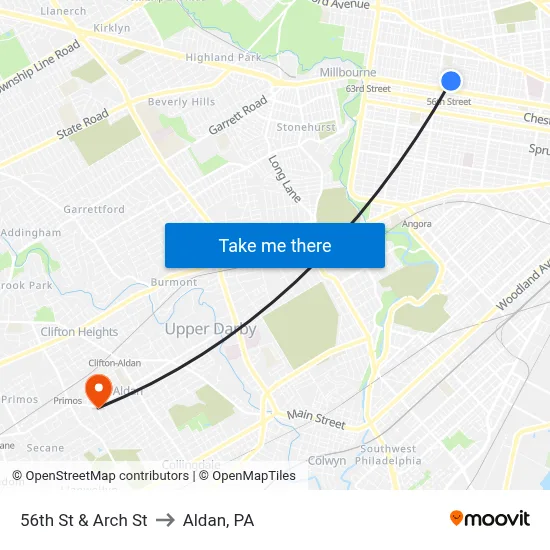 56th St & Arch St to Aldan, PA map