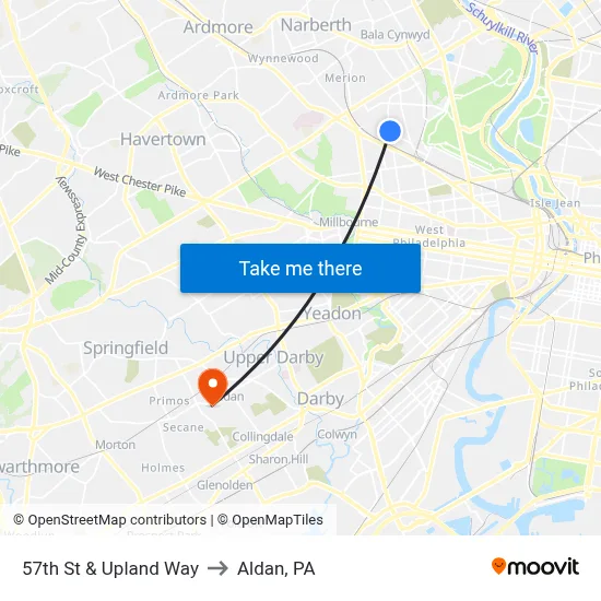 57th St & Upland Way to Aldan, PA map