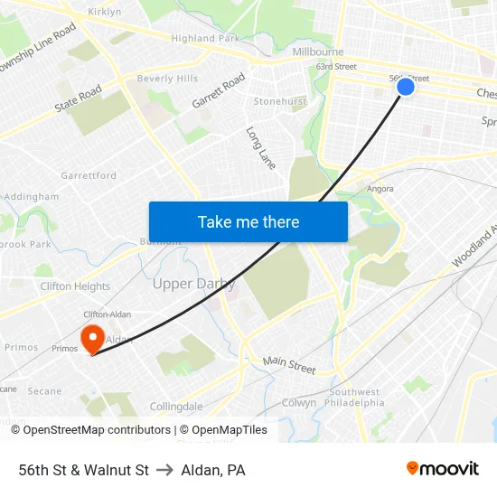 56th St & Walnut St to Aldan, PA map