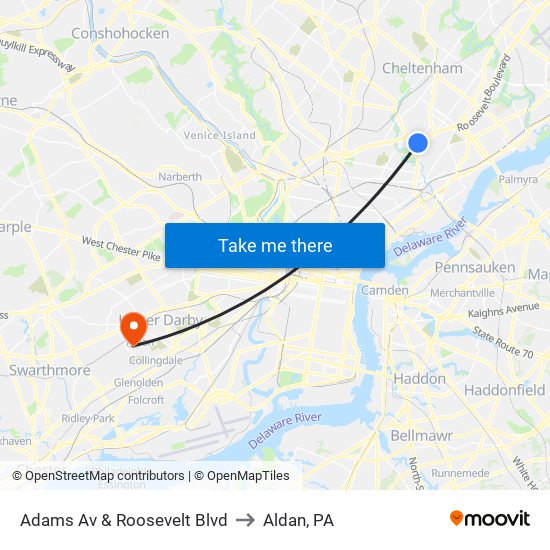 Adams Av & Roosevelt Blvd to Aldan, PA map