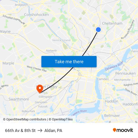 66th Av & 8th St to Aldan, PA map