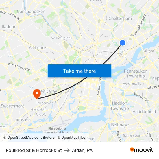 Foulkrod St & Horrocks St to Aldan, PA map