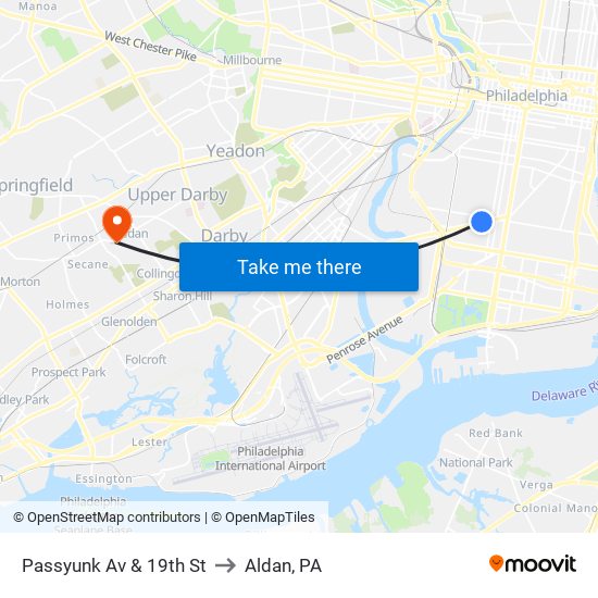 Passyunk Av & 19th St to Aldan, PA map