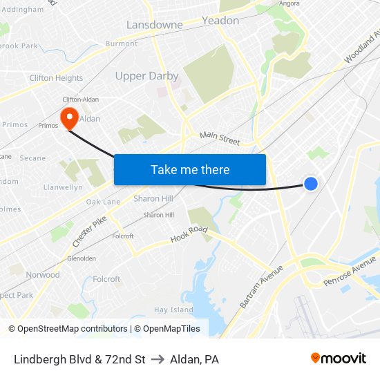 Lindbergh Blvd & 72nd St to Aldan, PA map