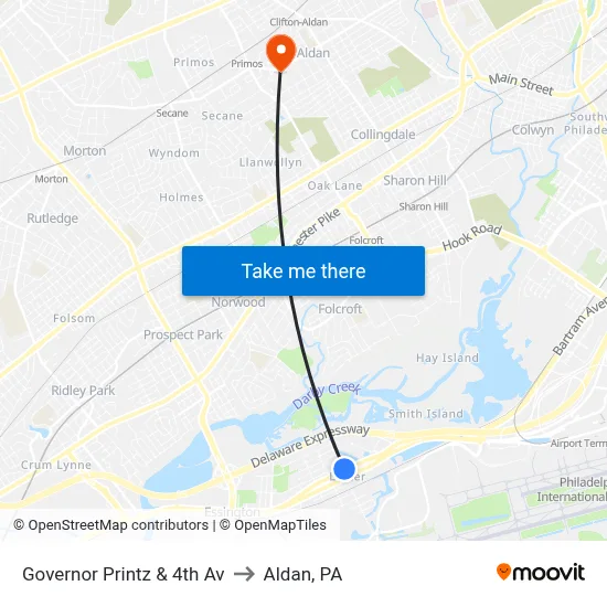 Governor Printz & 4th Av to Aldan, PA map