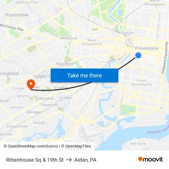 Rittenhouse Sq & 19th St to Aldan, PA map