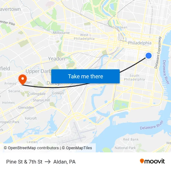 Pine St & 7th St to Aldan, PA map