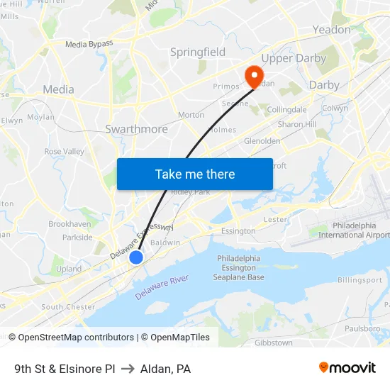 9th St & Elsinore Pl to Aldan, PA map